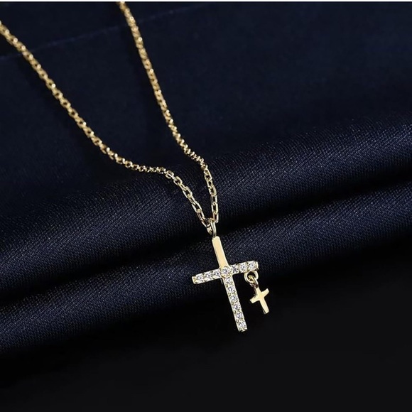 14K Gold Plated Cross Gold Silver Double Cross Pendant Necklace Cubic Zircon - Picture 1 of 6